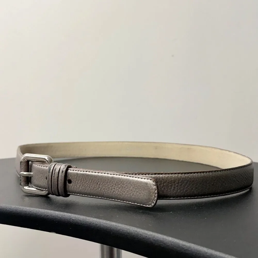 Lodis Genuine Leather Belt Women Metallic Bronze Skinny Belt Silver Buckle 38”